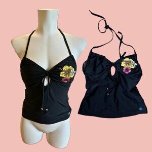 Y2K Aqua Rose Halter Tankini Top – Black with Embroidered Hibiscus, Size S